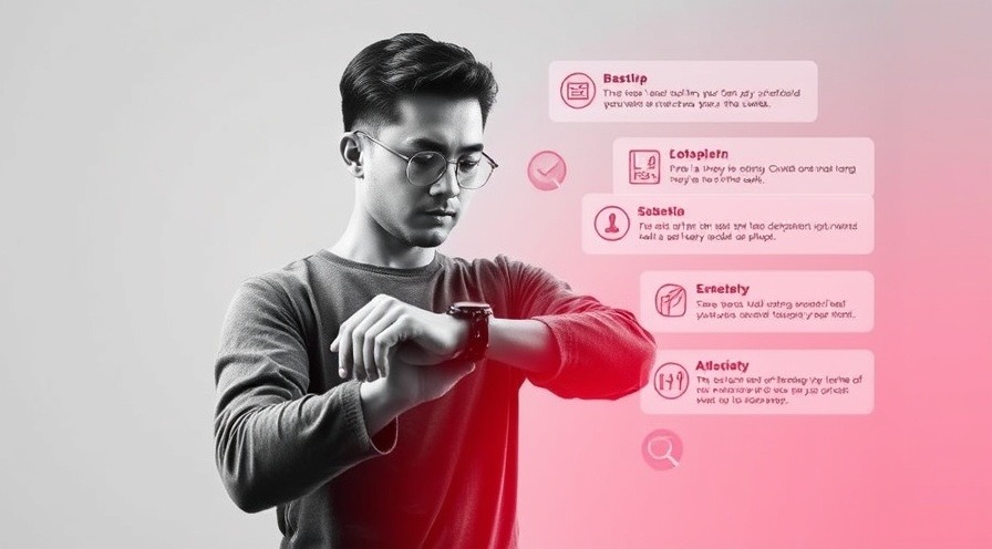 Young man checking watch with digital icons, highlighting health benefits of walking.