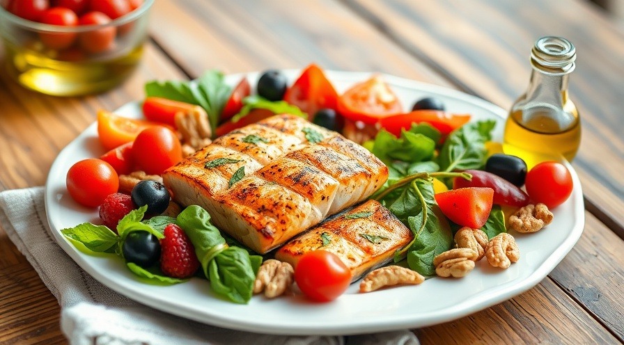 Mediterranean anti-inflammatory plate with grilled salmon and colorful veggies.