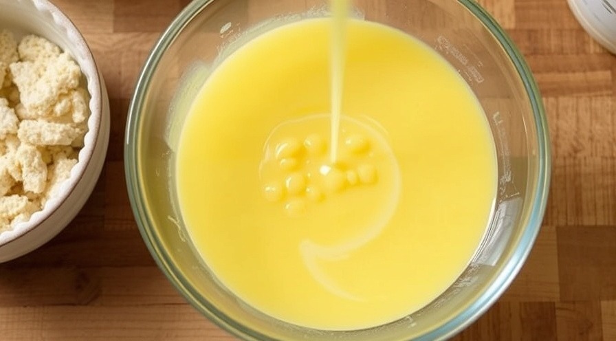 Bowl of mixed liquid egg contents ready to pour