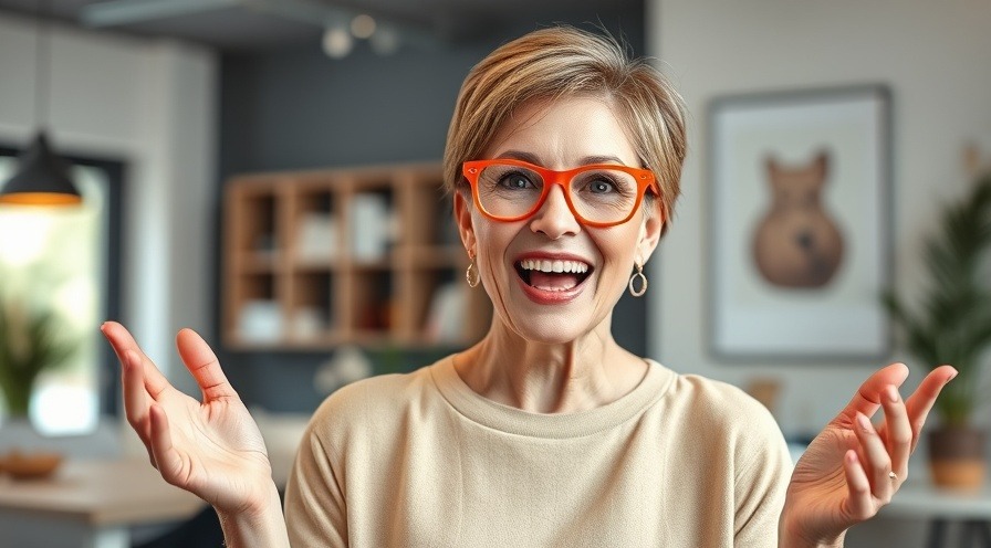 Energetic woman sharing jet lag tips, stylish in orange glasses, bright indoor setting.