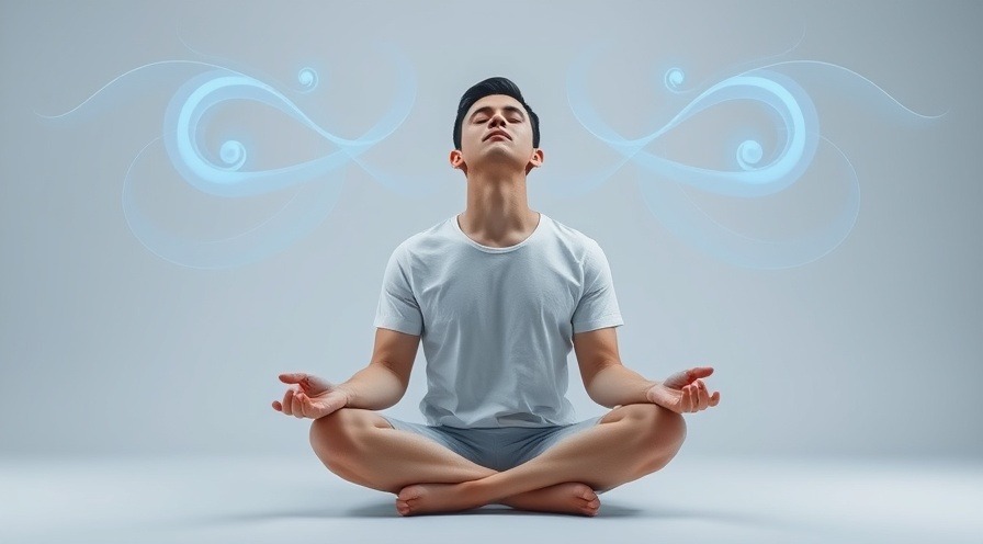 A serene adult male meditating with blue and white breath lines, symbolizing calmness.