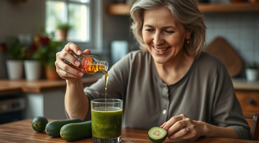 Mature woman smiling, using castor oil in cucumber juice for skin health benefits.