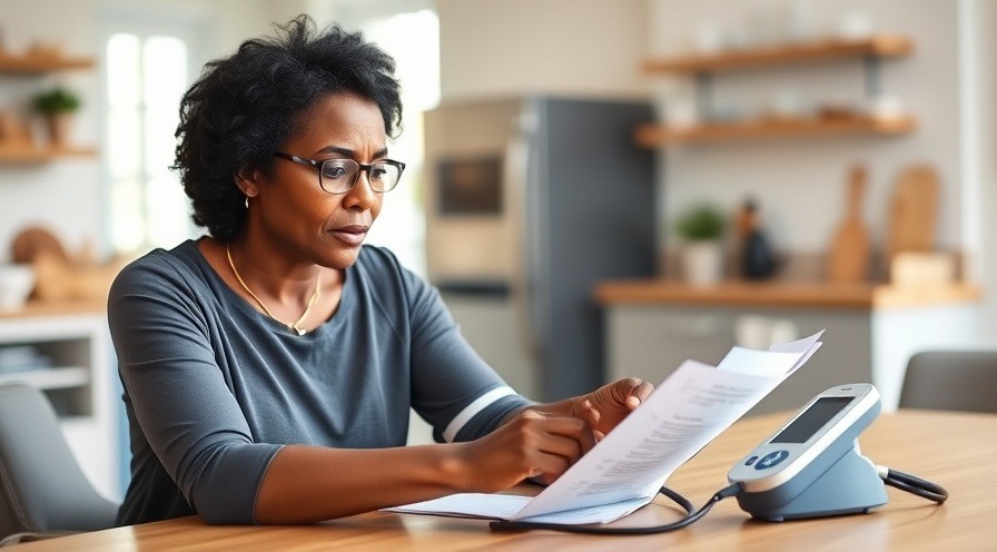 Concerned middle-aged woman reading blood pressure guidelines at modern kitchen table.