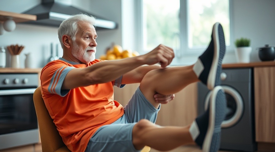 Senior fitness: man performs leg exercises in a modern kitchen.