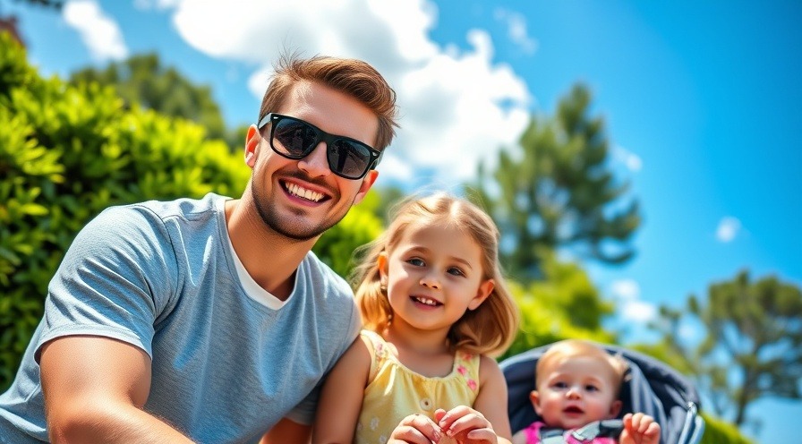 Cheerful young man with daughter and a baby outdoors, promoting senior citizen exercises and chair fitness.