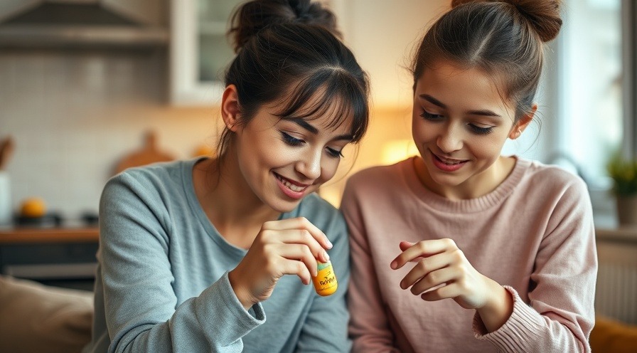 Caring mother offers magnesium supplement, highlighting anti-inflammatory diets in a cozy kitchen.