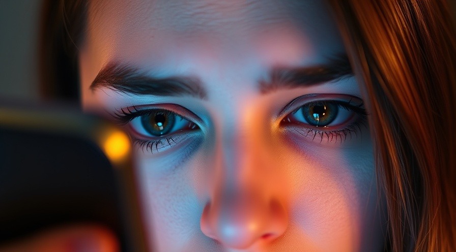 Close-up of tired eyes reflecting blue light from a smartphone screen, showing screen time.
