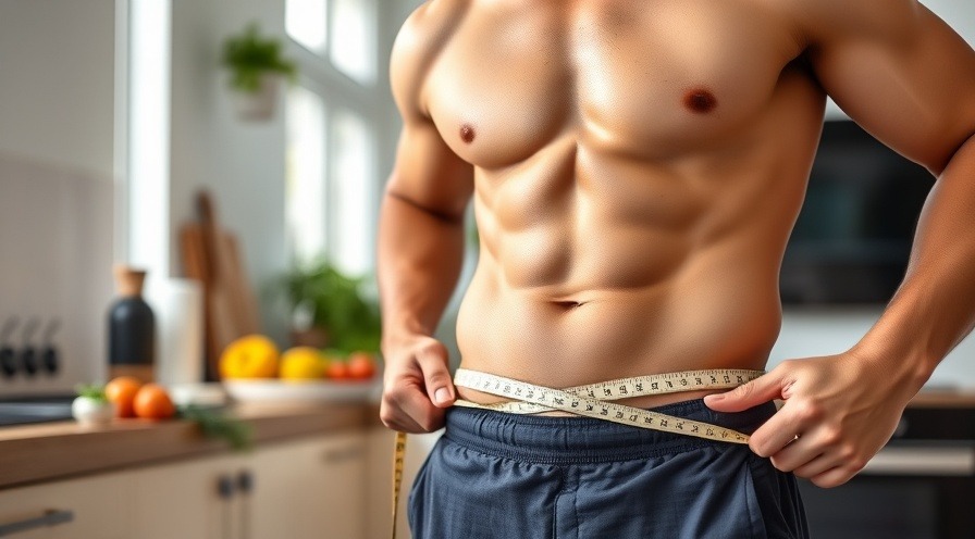 fit male measuring waist in modern kitchen filled with healthy foods.