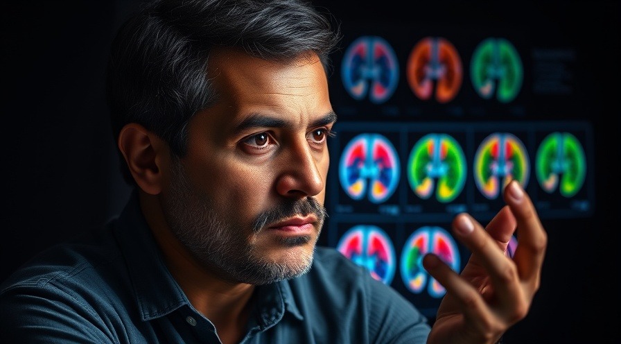 Serious Hispanic man engaging in mindfulness practices, analyzing colorful brain scans.