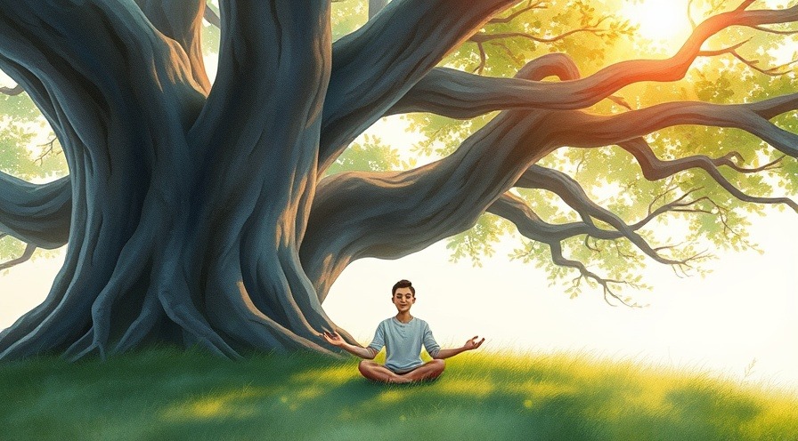 Person meditating under an ancient tree, promoting self-care and mental health.