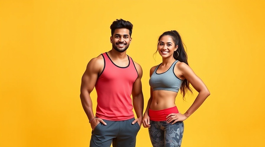 Fit couple smiles in workout gear, highlighting warm-up importance.