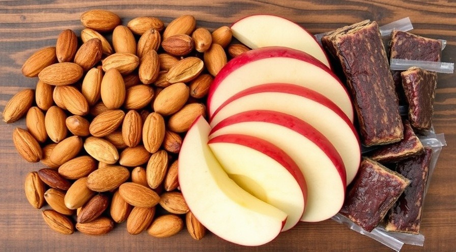 Healthy travel snacks including almonds, trail mix, and yogurt snacks.