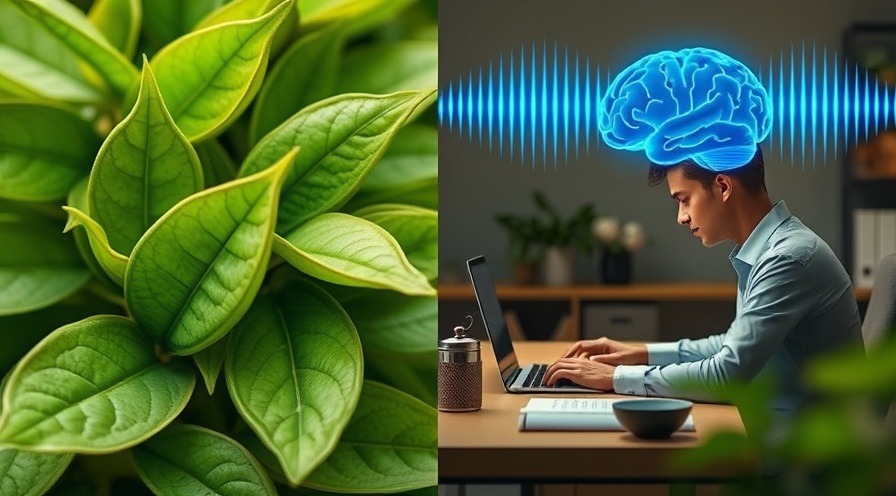 Close-up of green tea leaves alongside a focused person working, symbolizing theanine's relaxation and clarity benefits.