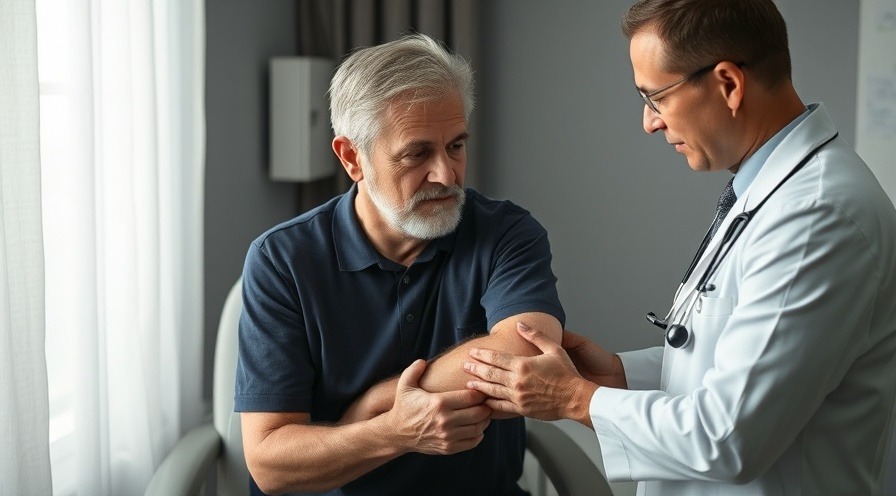 Doctor examines 60-year-old man's elbow for tennis elbow relief and pain alleviation.