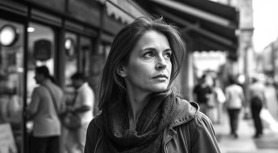 Contemplative 40-year-old woman in grayscale, reflecting on weight loss and healthy lifestyle.