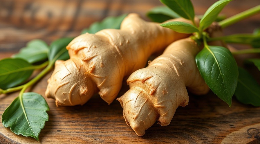 Fresh ginger roots on a wooden surface