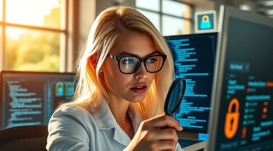 Female forensic analyst examines malware in an office.