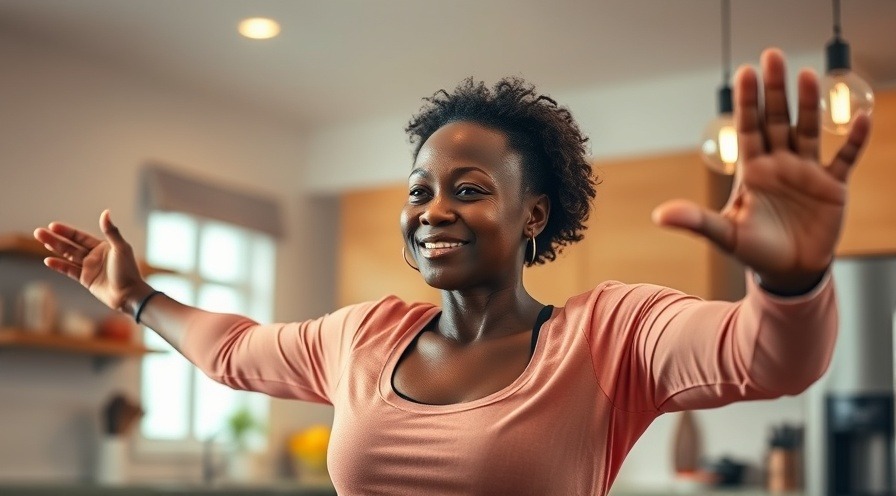 woman demonstrating fitness exercises in a bright kitchen.