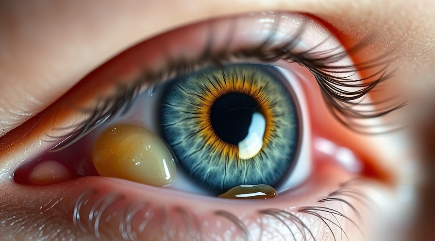 Close-up of an eye with mucus, illustrating eye health and irritation relief.