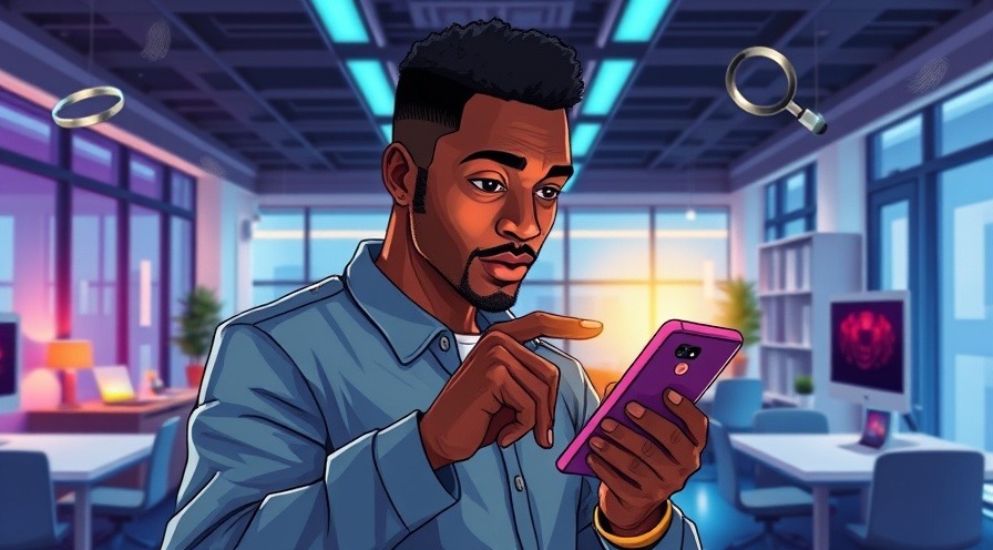 Colorful illustration of a black male using a smartphone in a modern office.