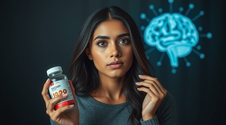Contemplative woman with a supplement bottle and digital brain background, exploring cognitive enhancement.