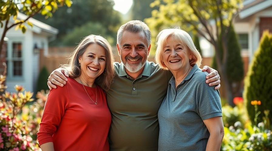 Three smiling adults in a lush garden promoting cancer awareness and community support.