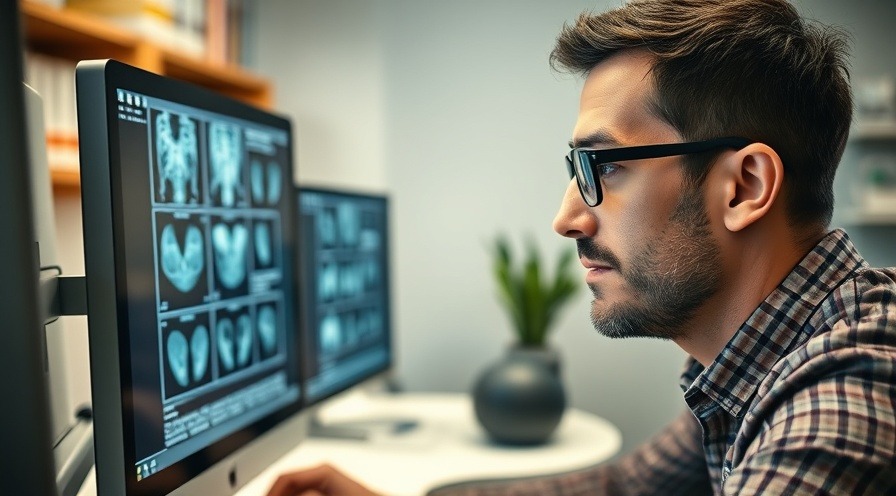 Man analyzing digital pathology slides in a cloud-based healthcare solutions office.