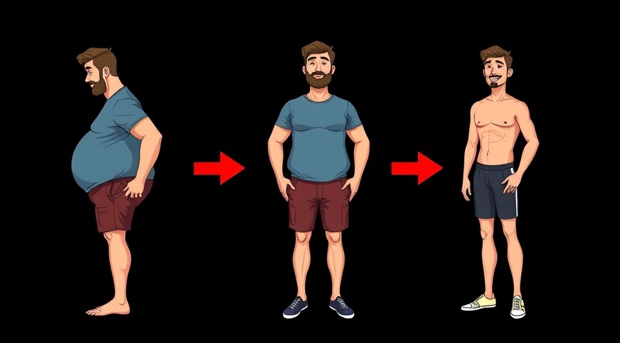 Illustration of a man's weight loss journey showcasing full body workout benefits.
