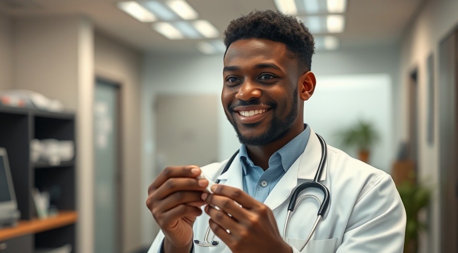Young doctor explaining lifitegrast drops for dry eye syndrome relief.