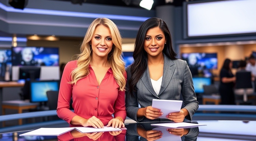 Two female reporters in a modern newsroom discussing healthcare system navigation.