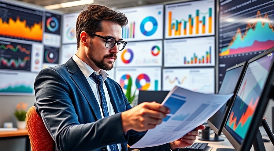 Marketing expert analyzing data trends in a vibrant, modern office environment.