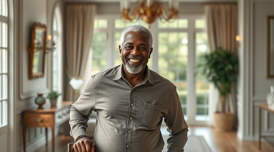 Senior citizen exercises for fitness in a bright, elegant room.