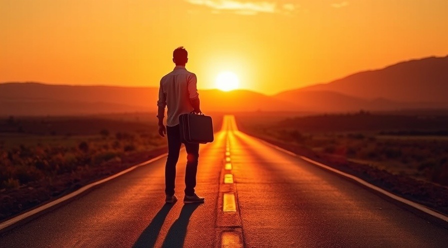 Determined traveler with suitcase at sunrise on a long road, cinematic lighting.