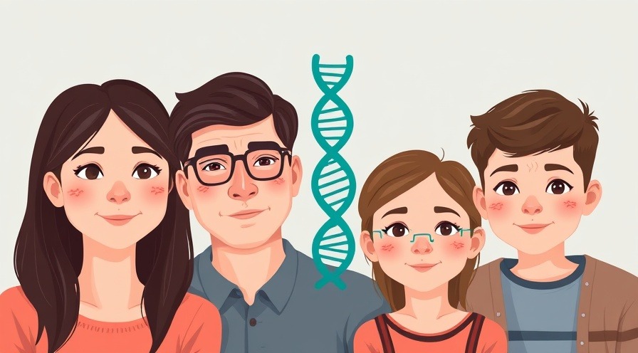 Infographic on hereditary acne with family illustration and DNA symbol.