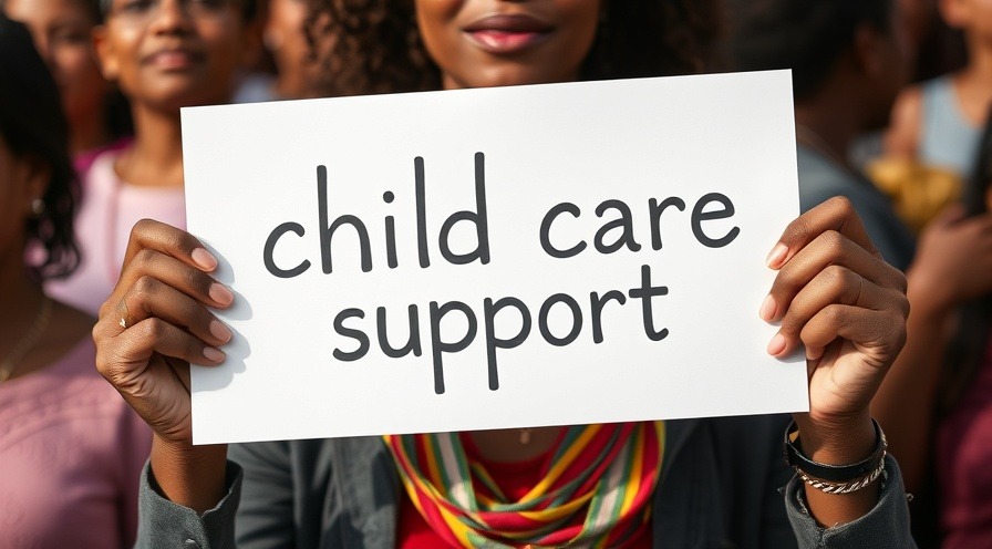 Woman holding 'child care support' sign, advocating for solutions to financial challenges in child care.