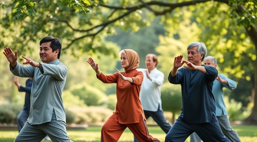 Middle-aged people practicing Tai Chi in a serene park, lush greenery.