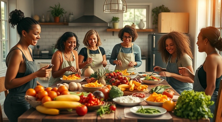 Diverse individuals joyfully preparing healthy meals in a warm kitchen