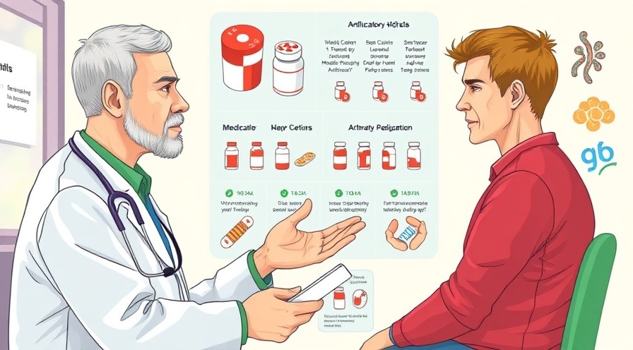 Doctor explaining inflammatory arthritis treatments to patient, vibrant infographic style.