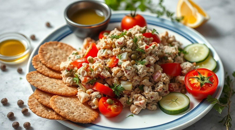 Elegant Mediterranean tuna salad with fresh herbs and vibrant colors, styled for sophistication.