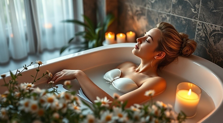 A person enjoying aromatherapy in a cozy bathtub surrounded by flowers and candlelight.