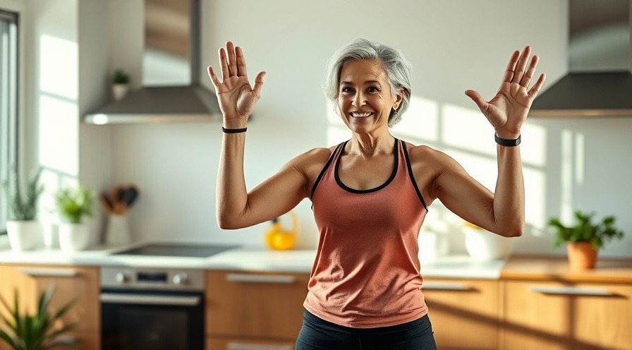 Energetic mature female instructor demonstrates senior fitness exercises in a modern kitchen.