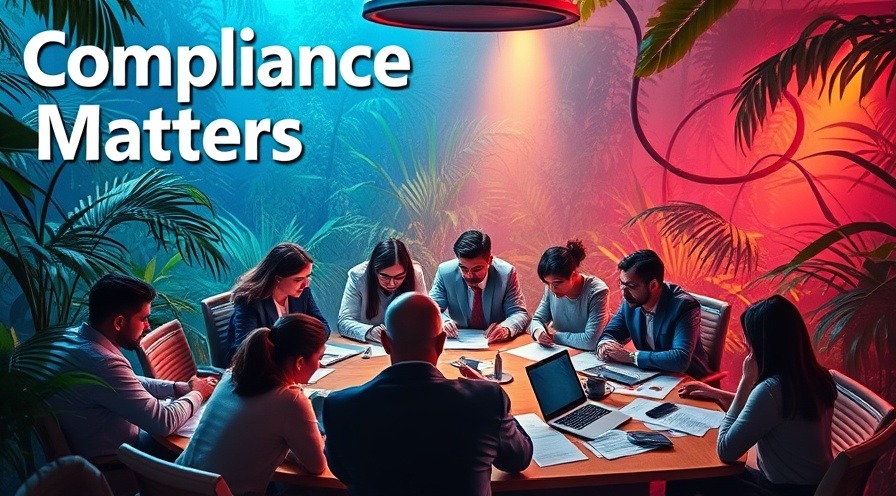 Compliance Jungle: Vibrant professionals discuss compliance issues, engaging with digital tools.