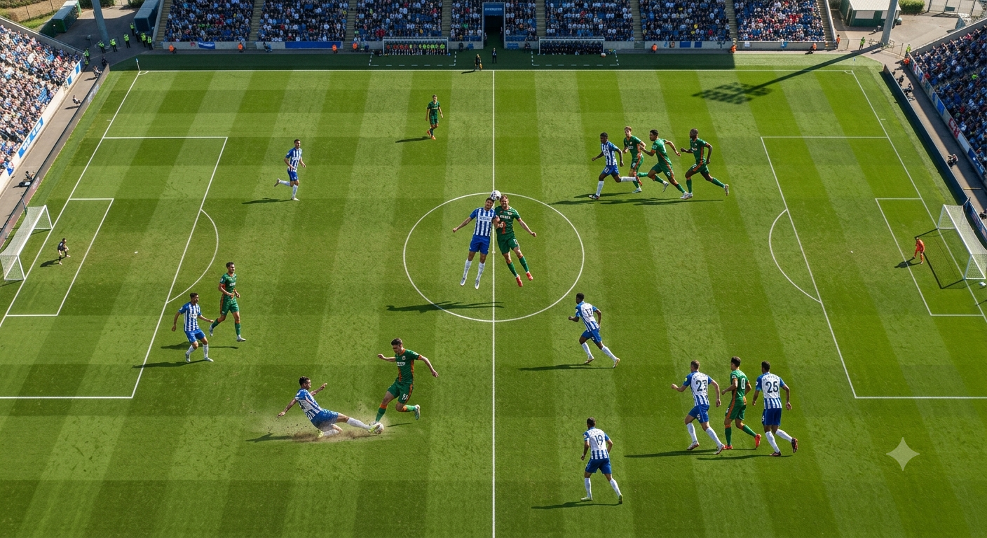 overhead drone-style view of an active soccer match