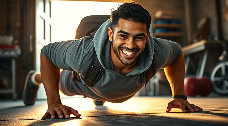Determined athlete doing push-ups with a weighted backpack in a garage gym.