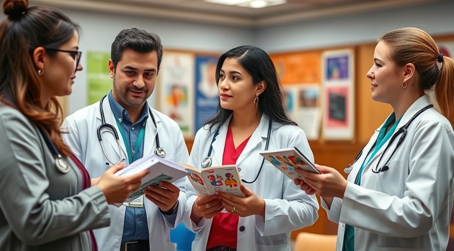 Three medical professionals discussing, emphasizing talking with doctors in an educational setting.