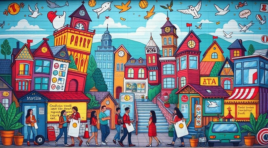Vibrant mural depicting a captivating business brand story with colorful illustrations.