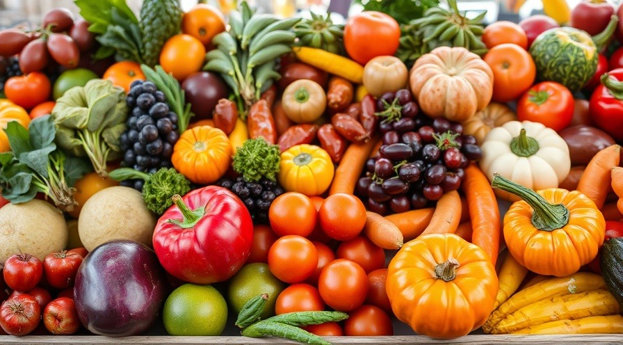 A beautiful display of colorful fruits and vegetables for a vibrant market scene.