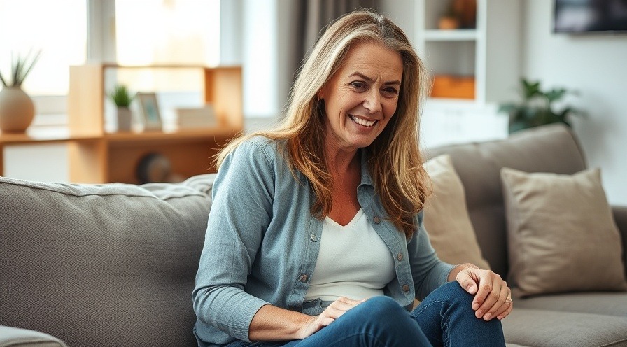 woman showing discomfort, representing joint pain relief in cozy living room.