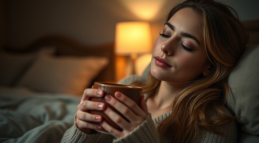 Young woman enjoying a calming sleep routine with warm mug in serene bedroom.