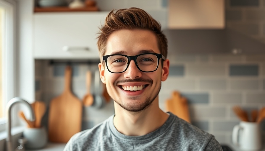 Smiling man in kitchen, side hustle stacking concept.